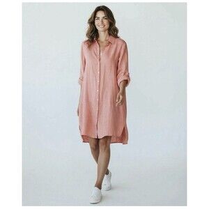 Tahari 100% Linen Coral Button Up Shirt Dress Size M Beach Coastal Boho Minimal